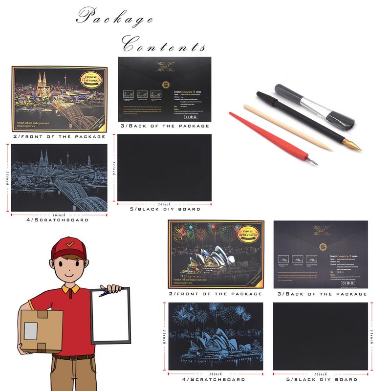 BOTEEN Rainbow Scratch Painting Paper by BOTEEN,City Series Night Scene,Scratch Painting Creative Gift,Scratchboard for Adult and Kids,with 4 Tools,Size:16''x11'' (Sydney Opera House) - Image 2